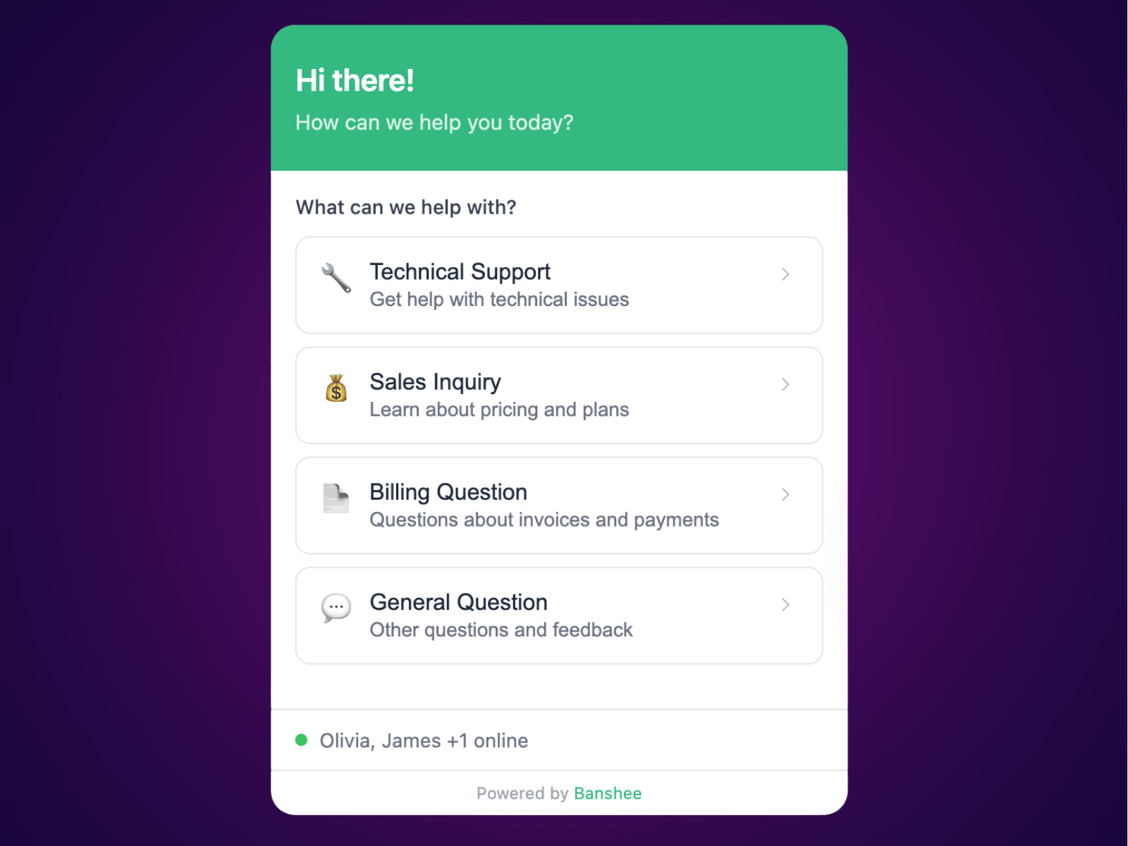Banshee.chat widget with smart cards